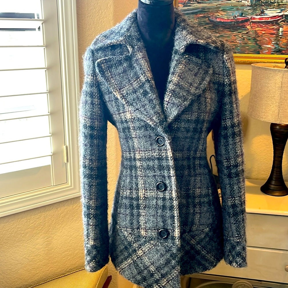 Max & Co. size 6 wool, alpaca & mohair blazer- plaid charcoal, Blk, purple